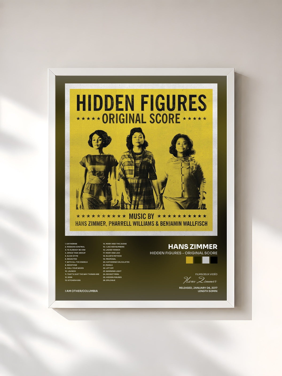 #blanc Tableau de l'album Hidden Figures - Original Score de Hans Zimmer, cadre blanc, imprimé et encadré en France