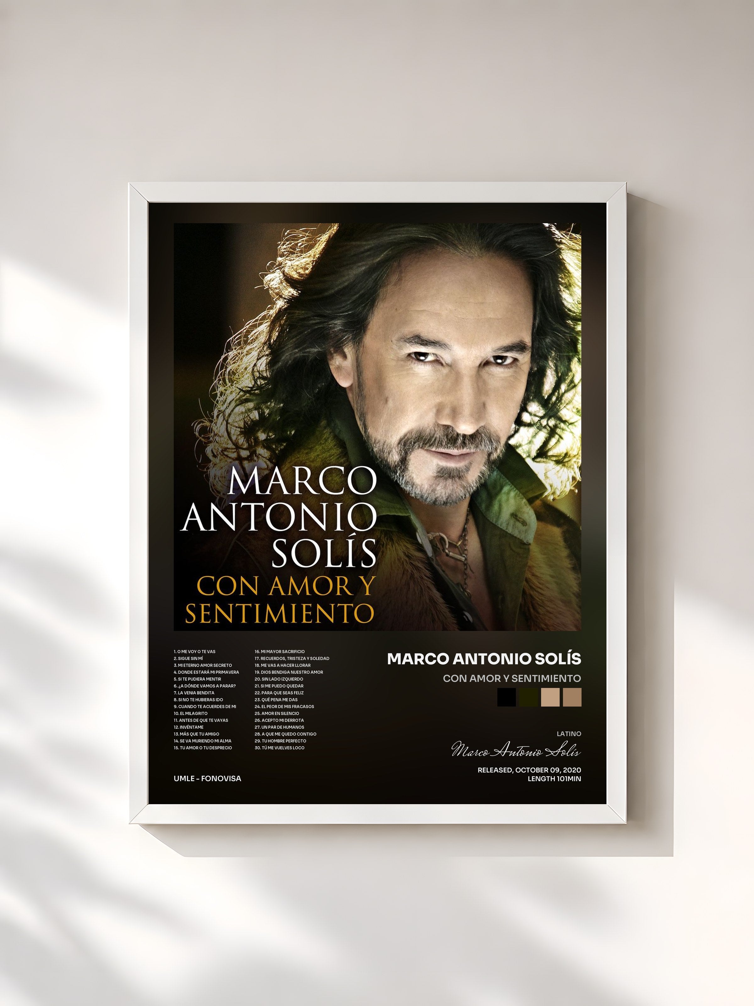 #blanc Tableau de l'album Con Amor Y Sentimiento de Marco Antonio Solís, cadre blanc, imprimé et encadré en France