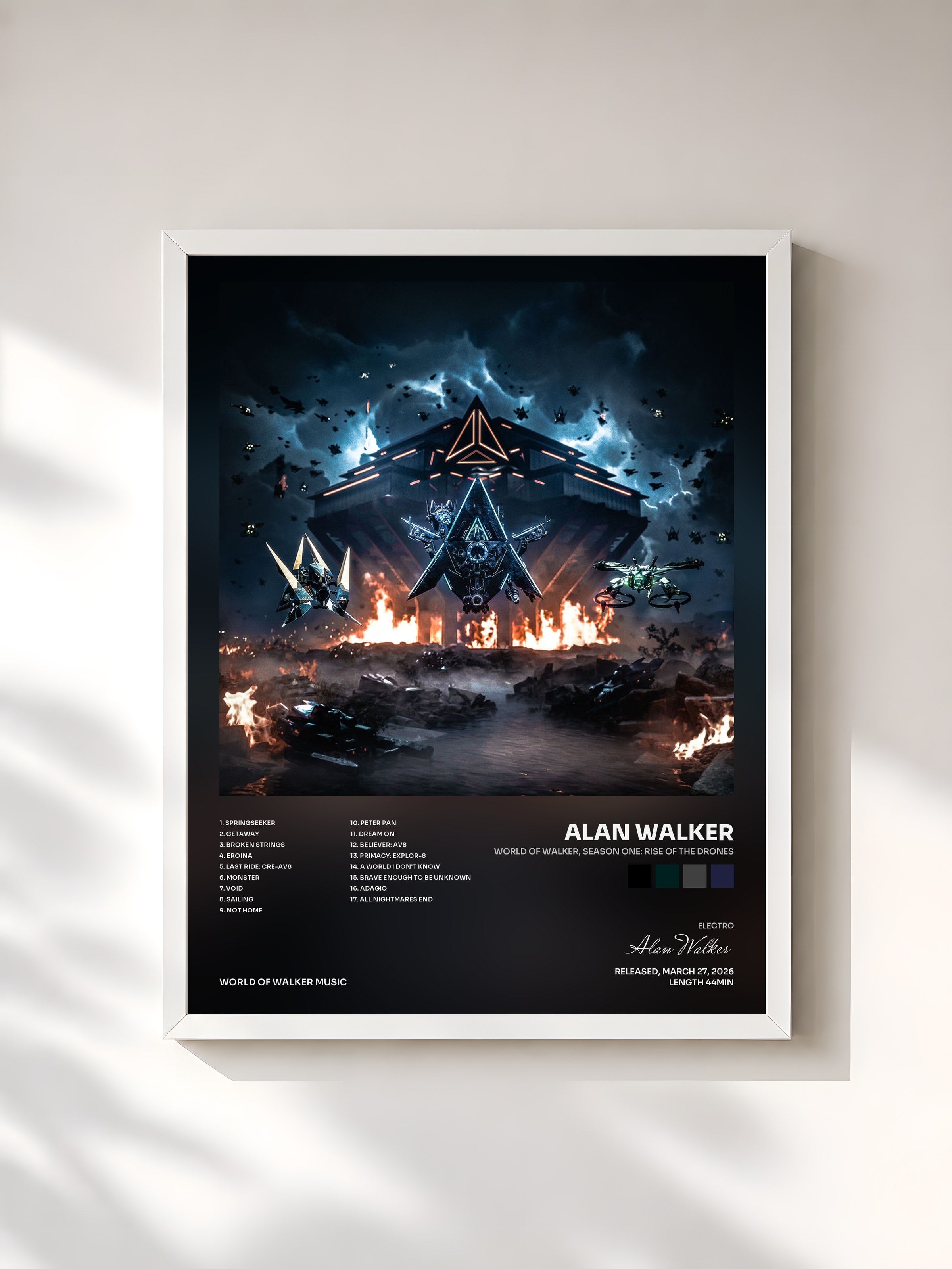 #blanc Tableau de l'album World of Walker, Season One: Rise of the Drones de Alan Walker, cadre blanc, imprimé et encadré en France
