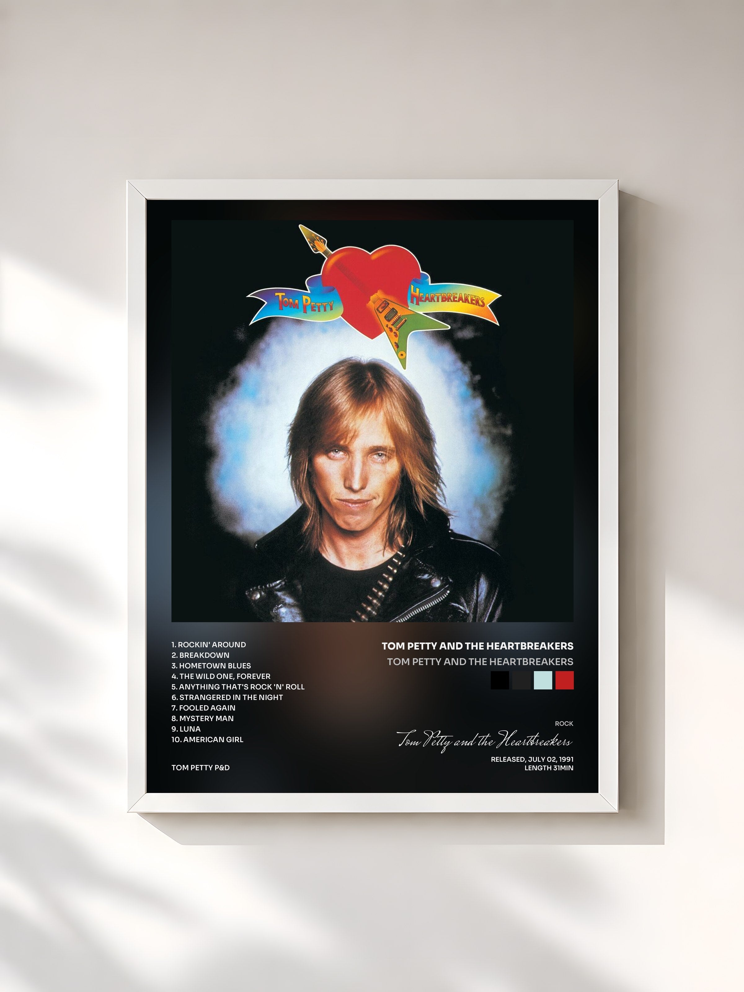 #blanc Tableau de l'album Tom Petty And The Heartbreakers de Tom Petty and the Heartbreakers, cadre blanc, imprimé et encadré en France