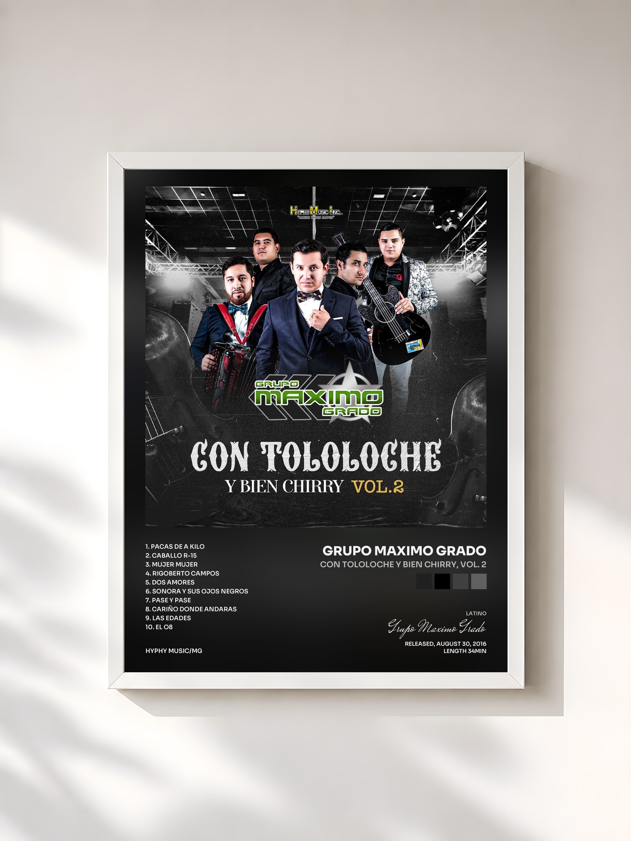 #blanc Tableau de l'album Con Tololoche y Bien Chirry, Vol. 2 de Grupo Maximo Grado, cadre blanc, imprimé et encadré en France