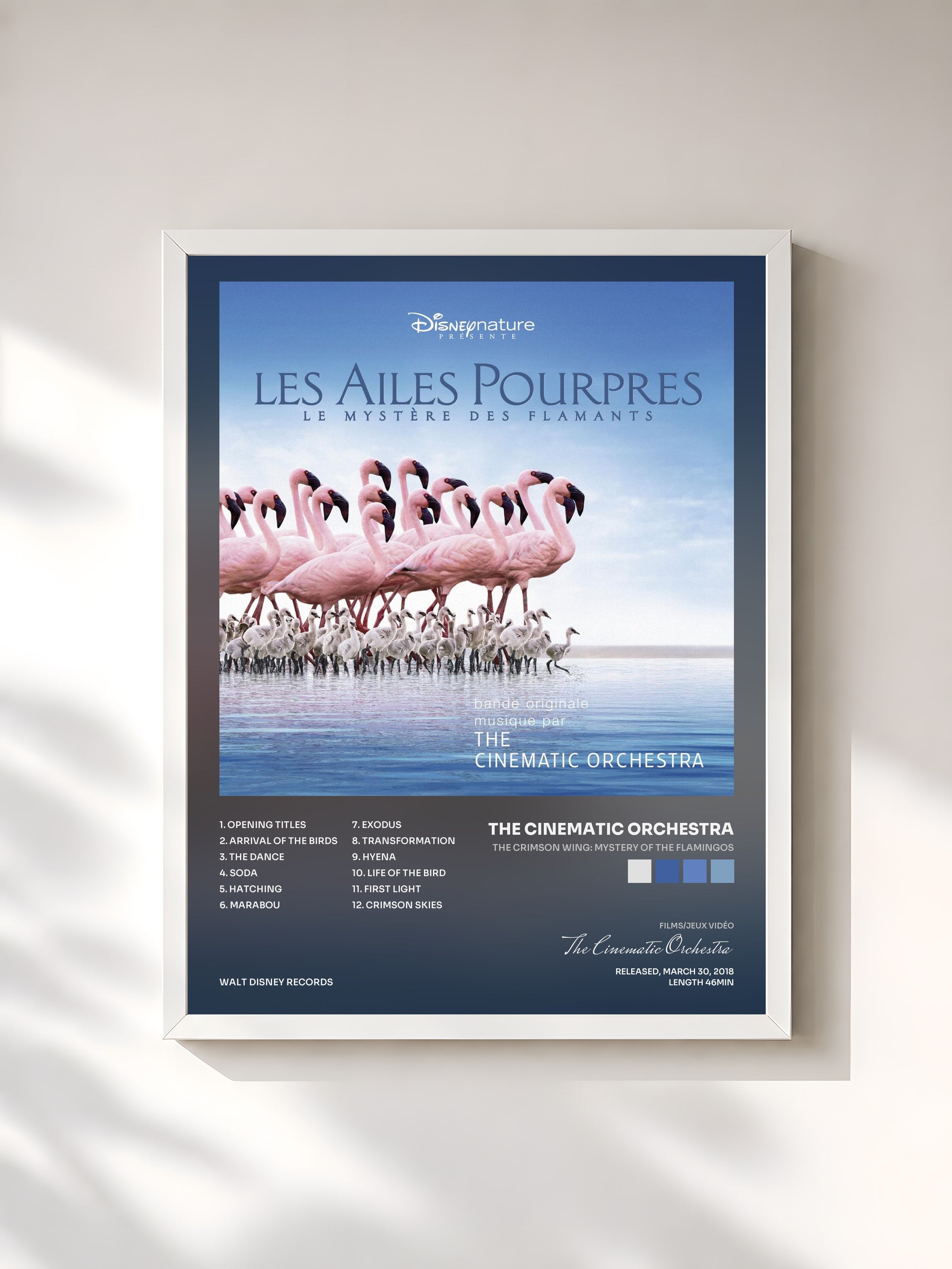 #blanc Tableau de l'album The Crimson Wing: Mystery Of The Flamingos de The Cinematic Orchestra, cadre blanc, imprimé et encadré en France