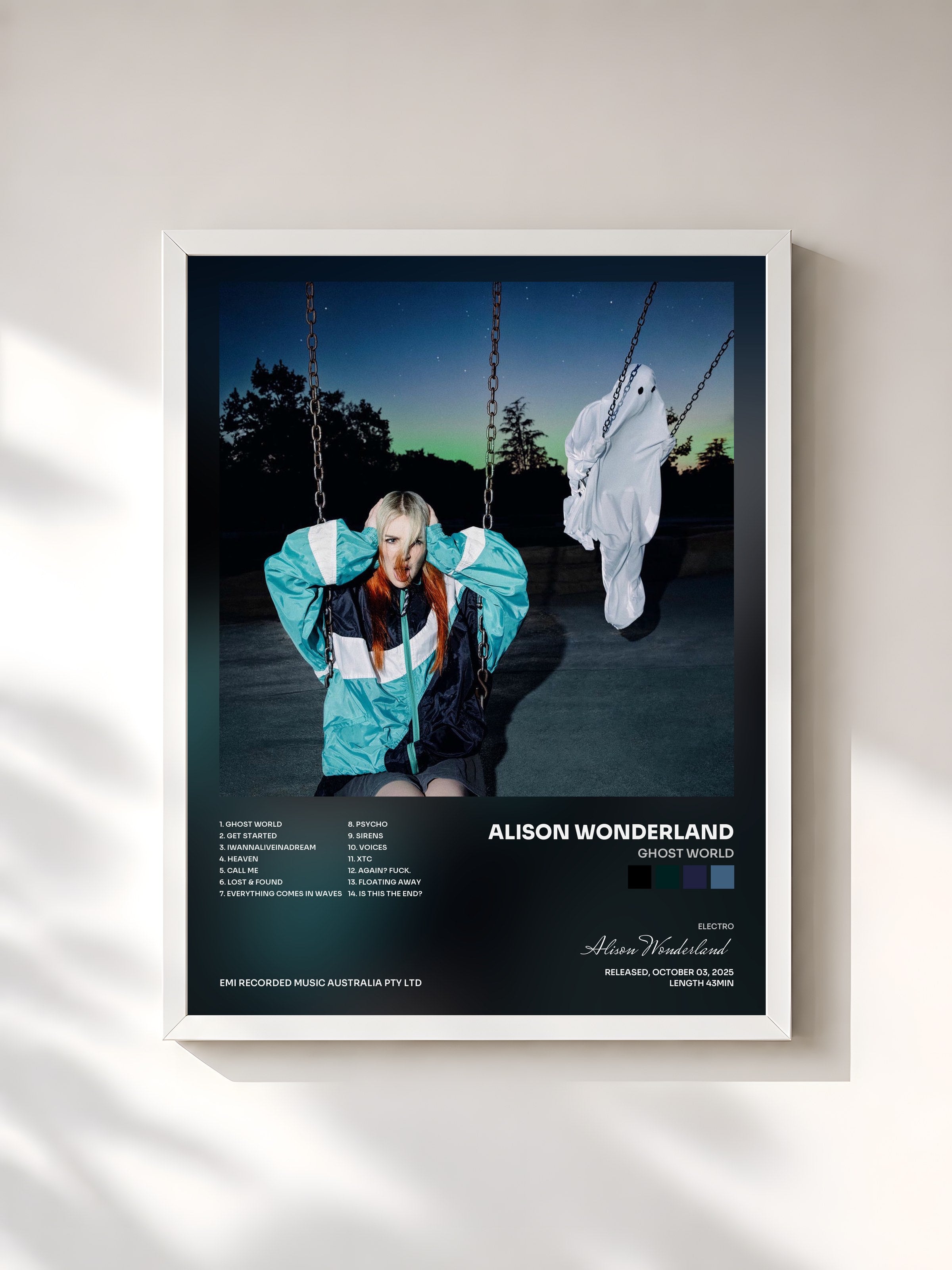 #blanc Tableau de l'album GHOST WORLD de Alison Wonderland, cadre blanc, imprimé et encadré en France