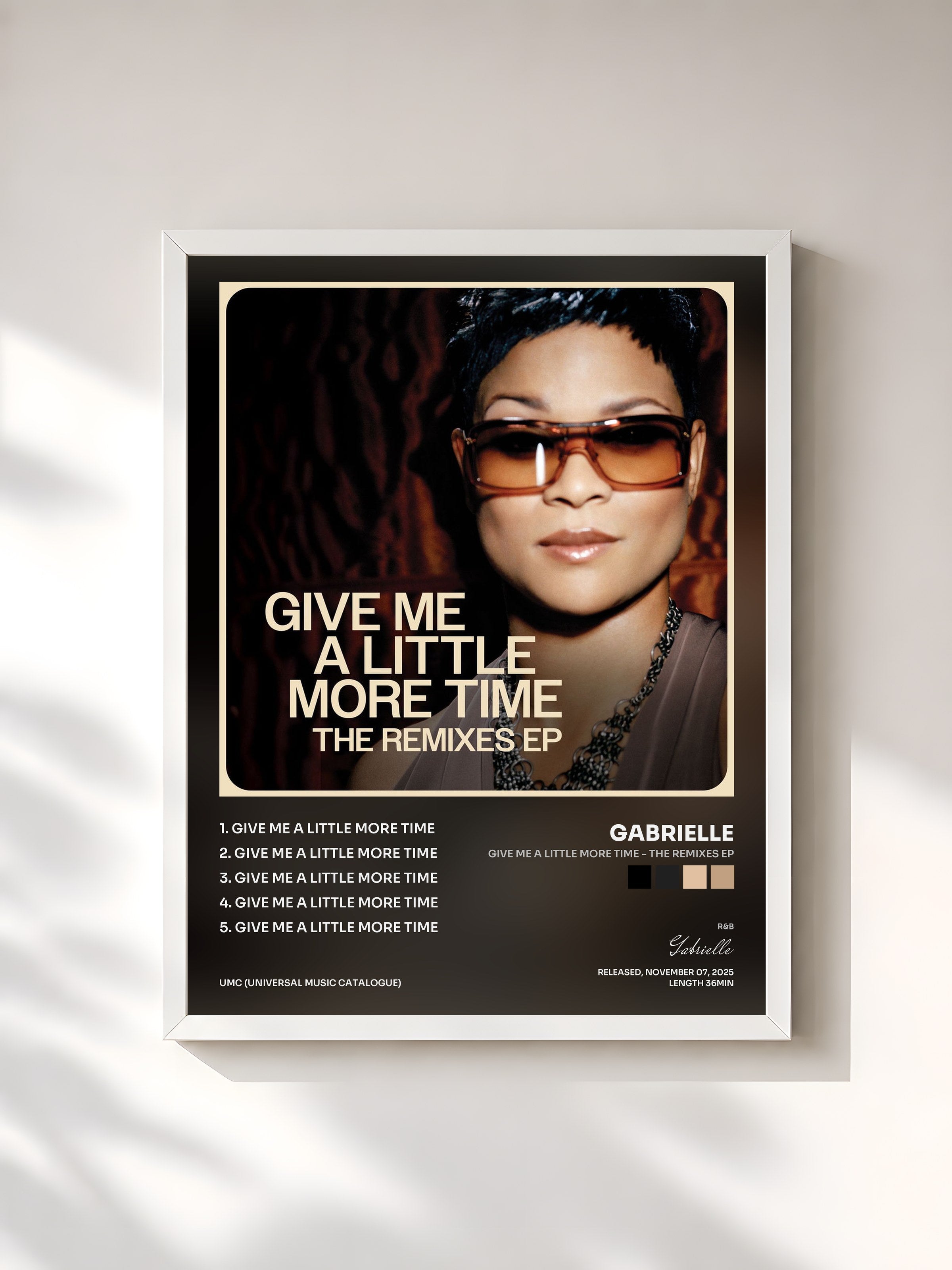 #blanc Tableau de l'album Give Me A Little More Time - The Remixes EP de Gabrielle, cadre blanc, imprimé et encadré en France