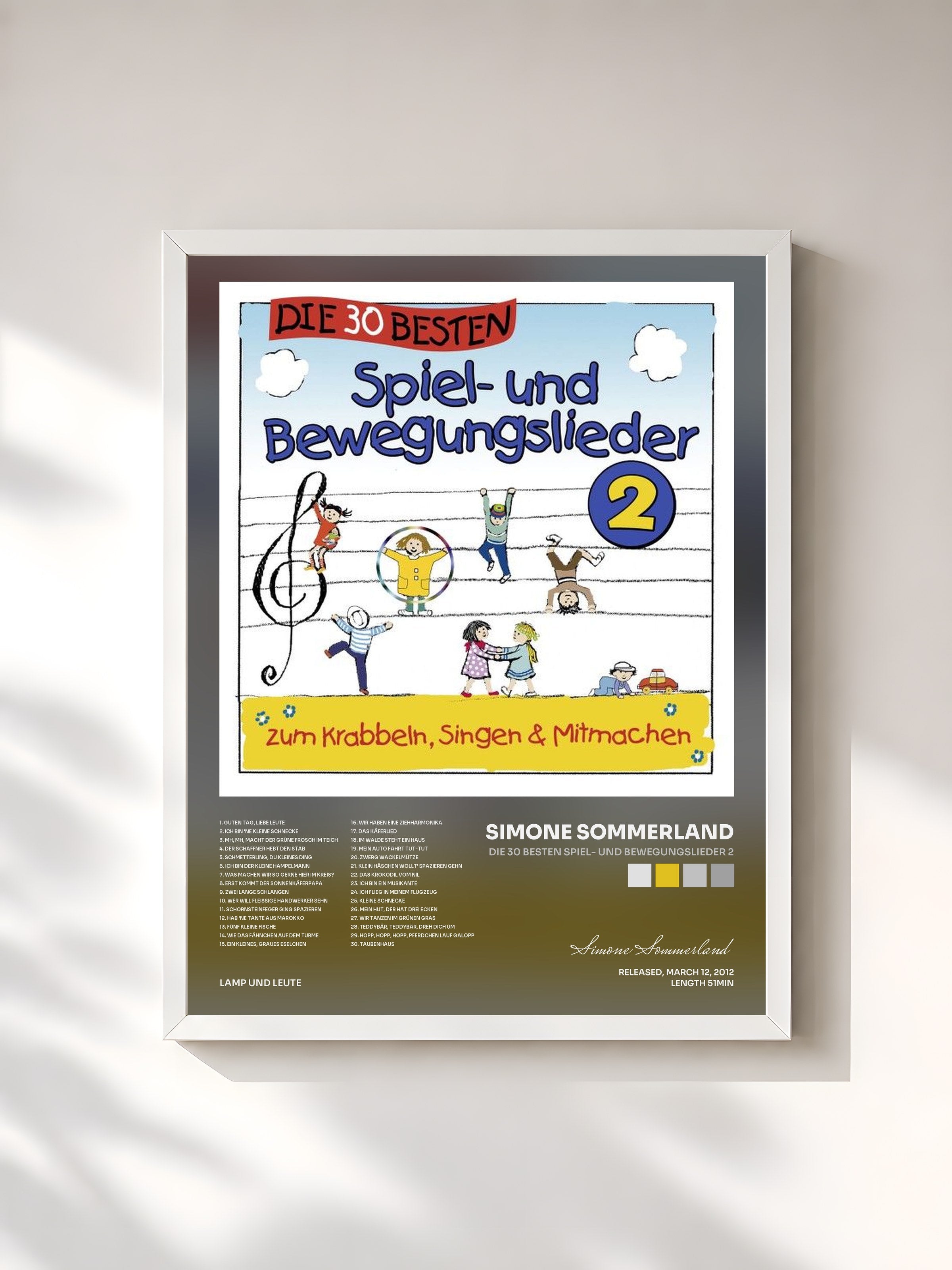 #blanc Tableau de l'album Die 30 besten Spiel- und Bewegungslieder 2 de Simone Sommerland, cadre blanc, imprimé et encadré en France