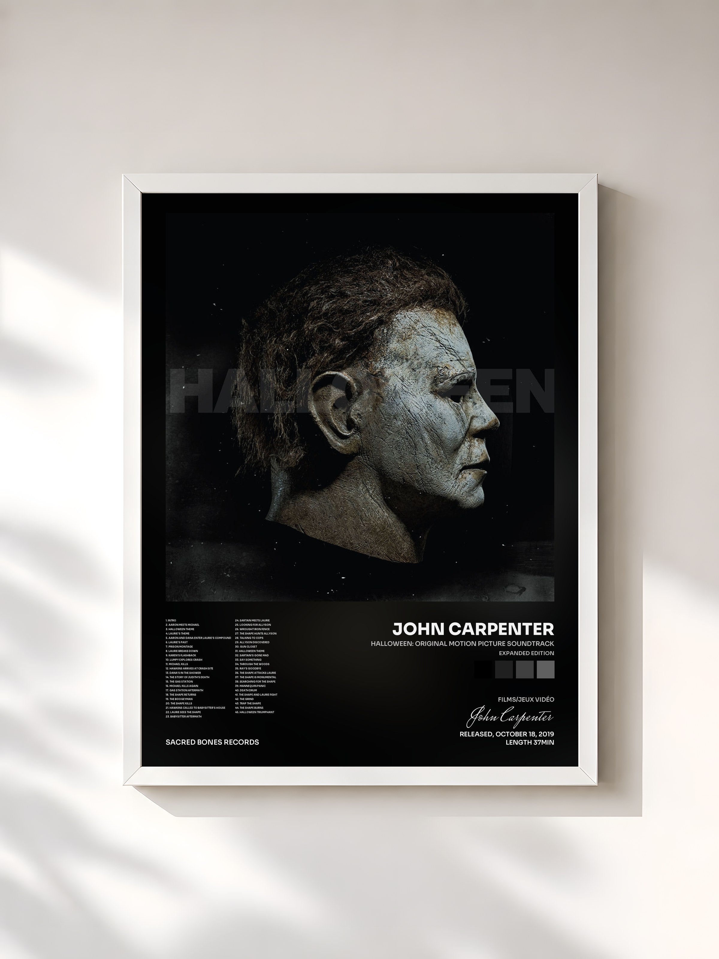 #blanc Tableau de l'album Halloween: Original Motion Picture Soundtrack (Expanded Edition) de John Carpenter, cadre blanc, imprimé et encadré en France