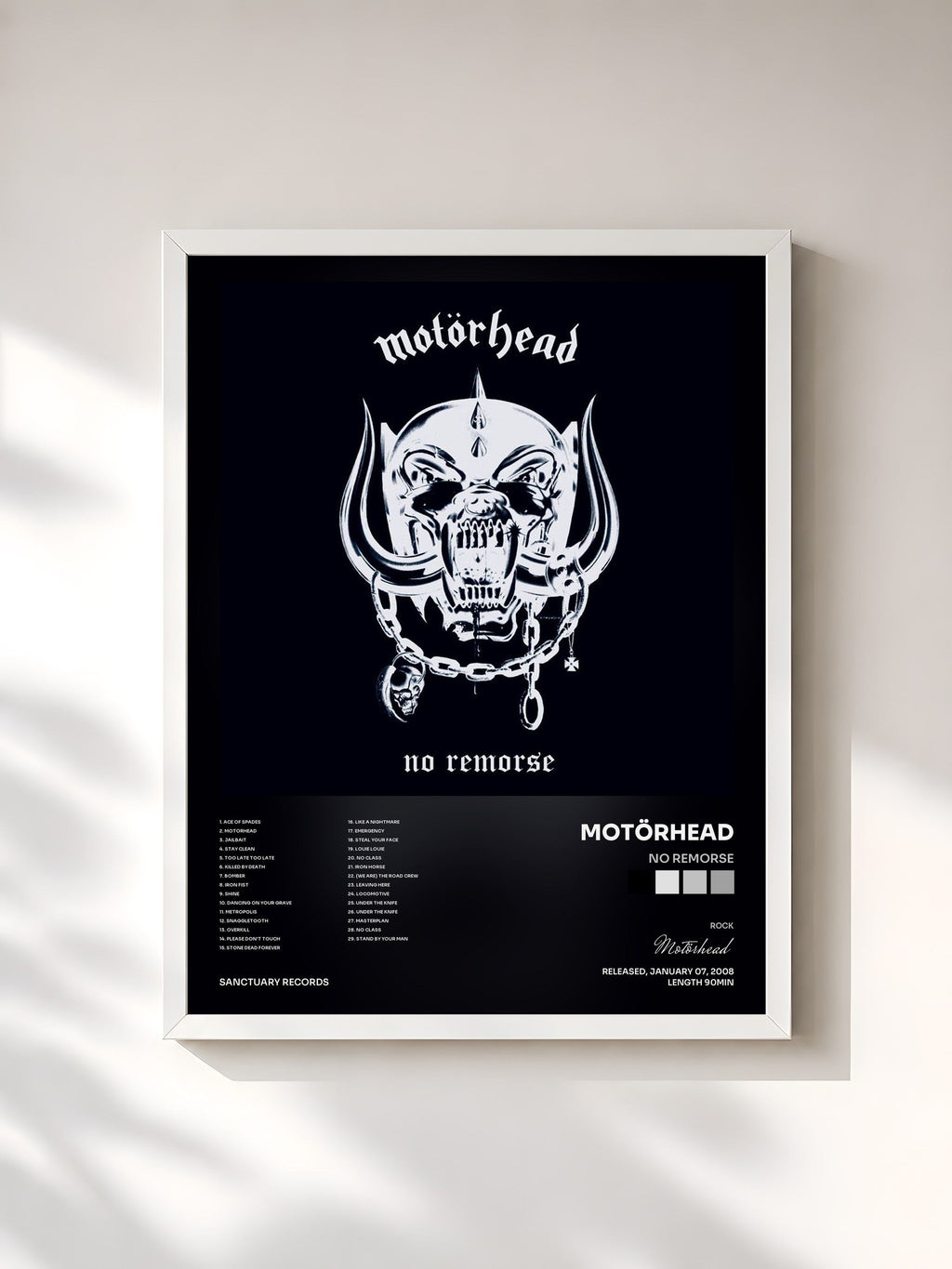 #blanc Tableau de l'album No Remorse de Motörhead, cadre blanc, imprimé et encadré en France