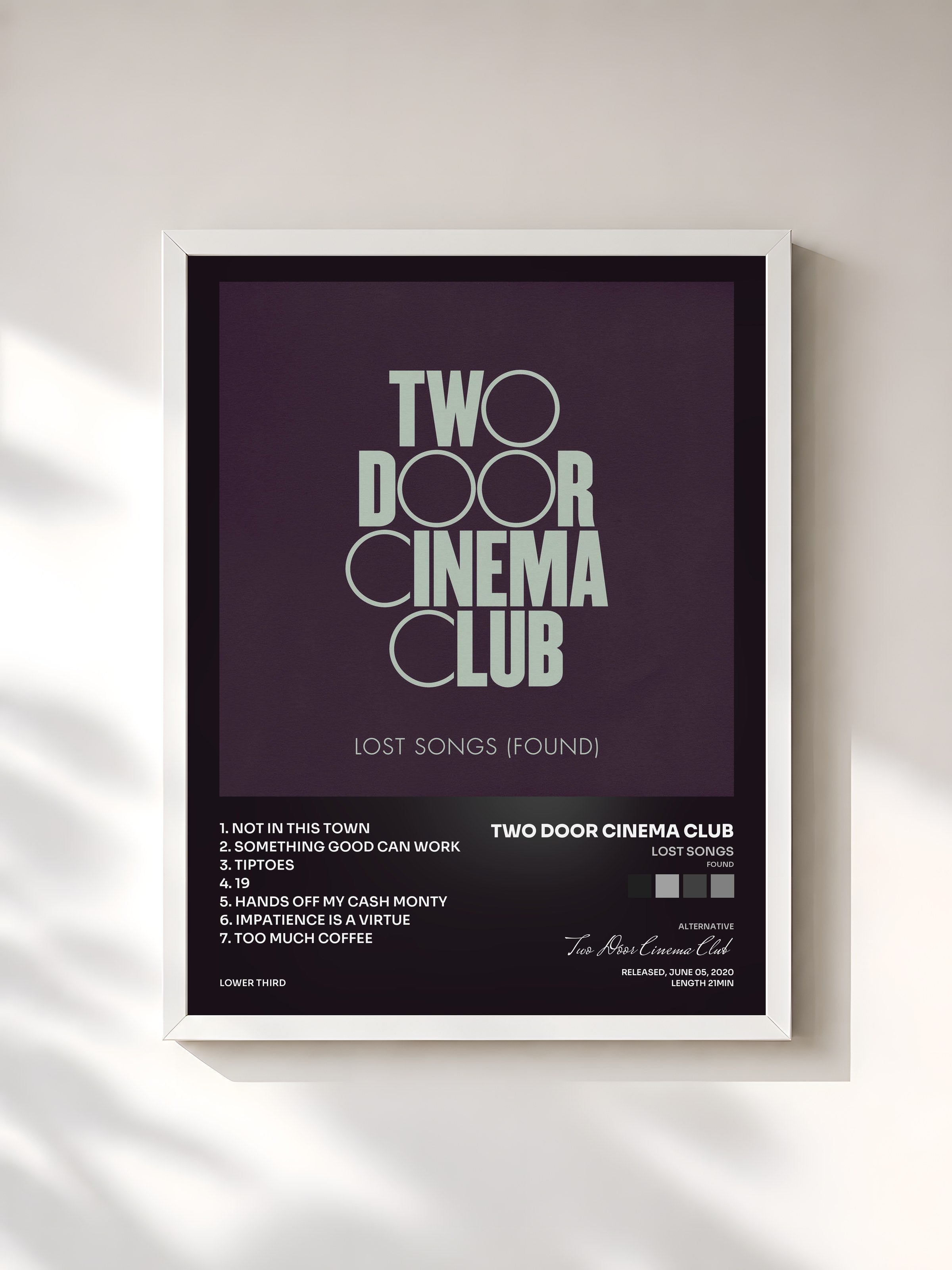#blanc Tableau de l'album Lost Songs (Found) de Two Door Cinema Club, cadre blanc, imprimé et encadré en France