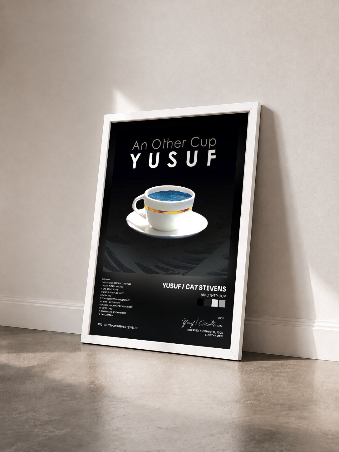 #blanc Tableau de l'album An Other Cup de Yusuf / Cat Stevens vu de trois quarts, cadre blanc