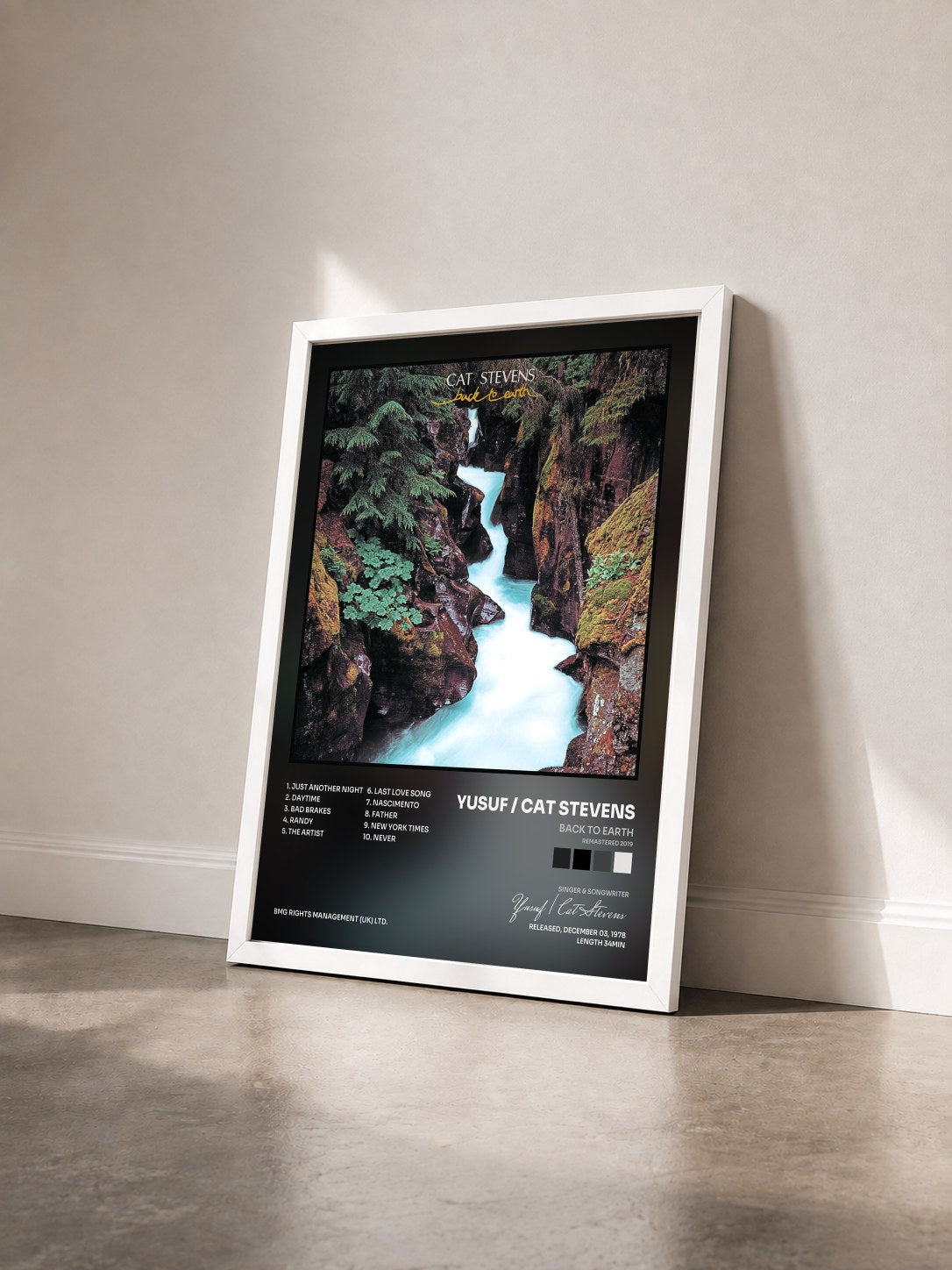 #blanc Tableau de l'album Back to Earth (Remastered 2019) de Yusuf / Cat Stevens vu de trois quarts, cadre blanc