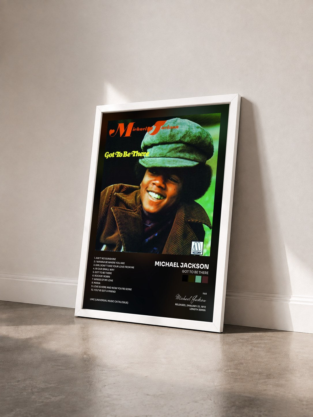 #blanc Tableau de l'album Got To Be There de Michael Jackson vu de trois quarts, cadre blanc
