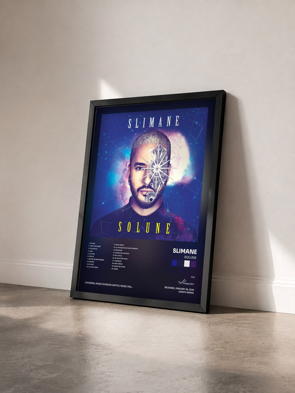 #noir Solune by Slimane as a framed art print seen at an angle, black frame