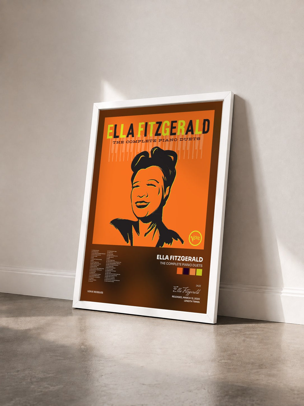 #blanc Tableau de l'album The Complete Piano Duets de Ella Fitzgerald vu de trois quarts, cadre blanc