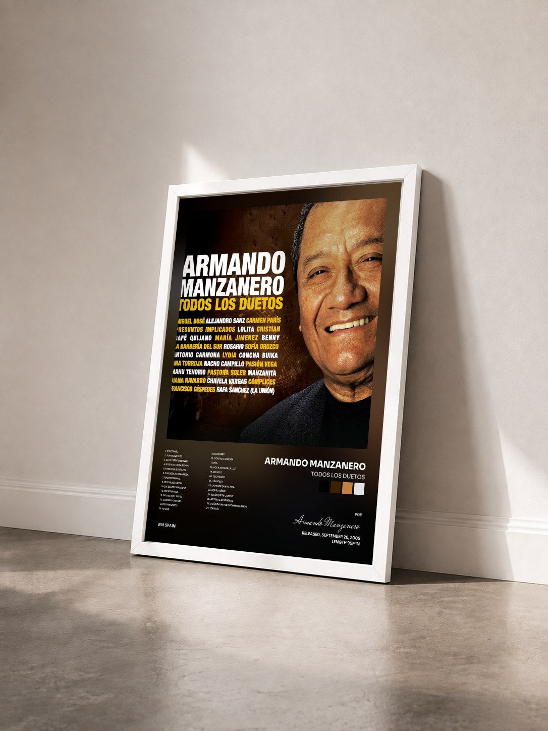 #blanc Tableau de l'album Todos los duetos de Armando Manzanero vu de trois quarts, cadre blanc