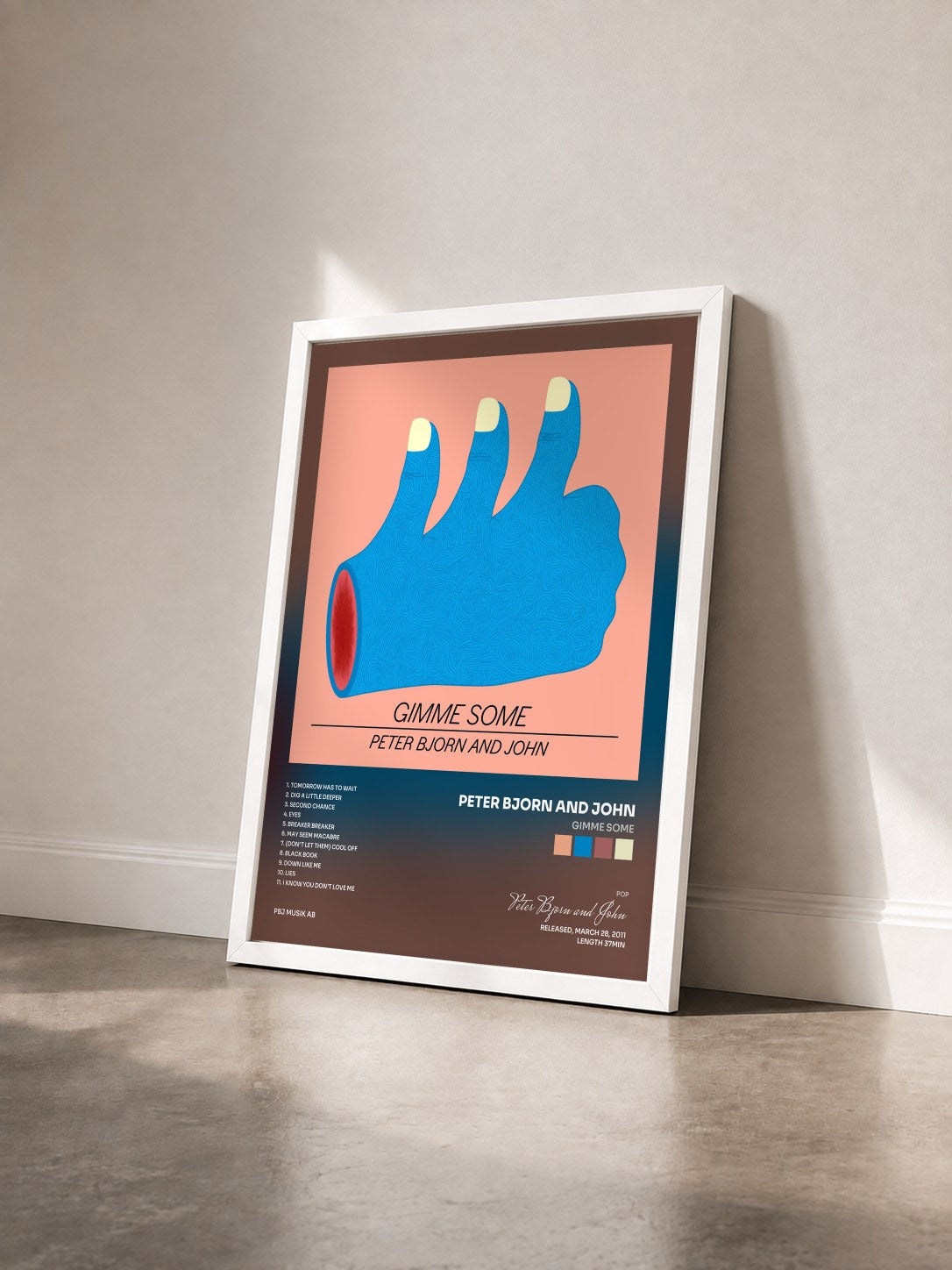 #blanc Tableau de l'album Gimme Some de Peter Bjorn and John vu de trois quarts, cadre blanc