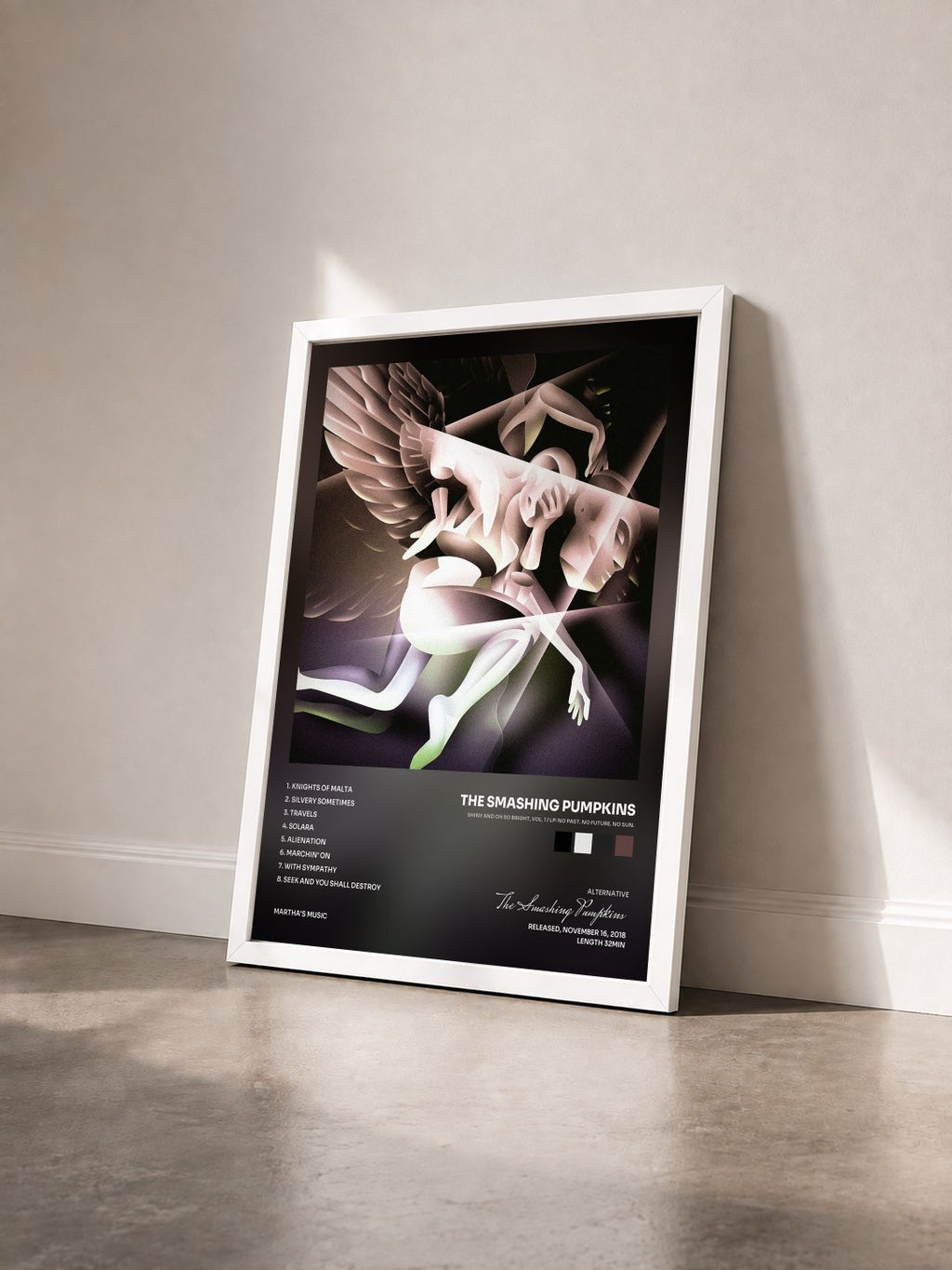 #blanc SHINY AND OH SO BRIGHT, VOL. 1 / LP: NO PAST. NO FUTURE. NO SUN. by The Smashing Pumpkins as a framed art print seen at an angle, white frame