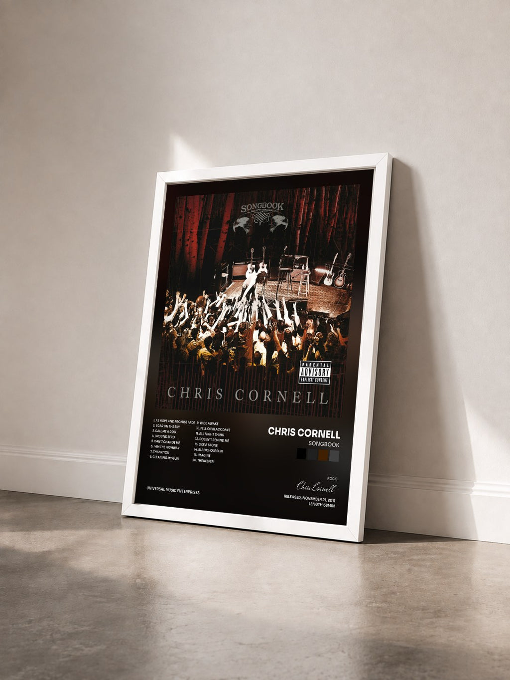 #blanc Songbook di Chris Cornell in stampa incorniciata vista di tre quarti, cornice bianca