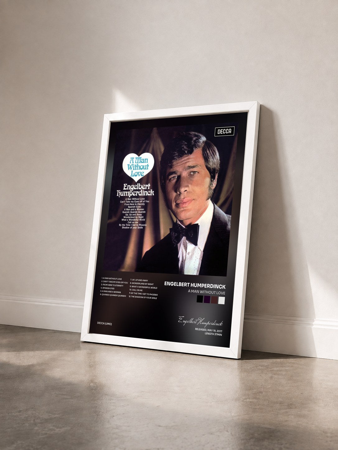 #blanc Tableau de l'album A Man Without Love de Engelbert Humperdinck vu de trois quarts, cadre blanc