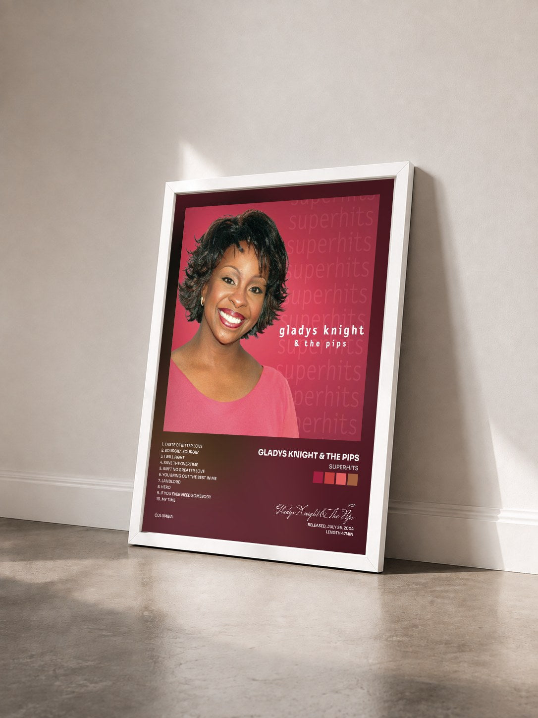 #blanc Tableau de l'album Superhits de Gladys Knight & The Pips vu de trois quarts, cadre blanc