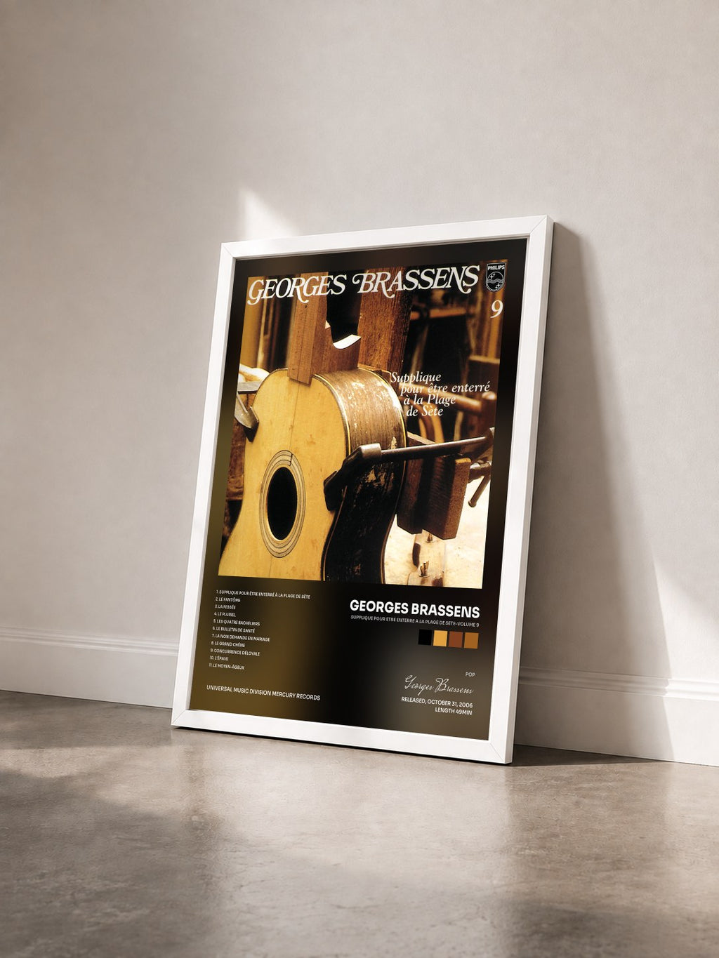 #blanc Tableau de l'album Supplique Pour Etre Enterre A La Plage De Sete-Volume 9 de Georges Brassens vu de trois quarts, cadre blanc