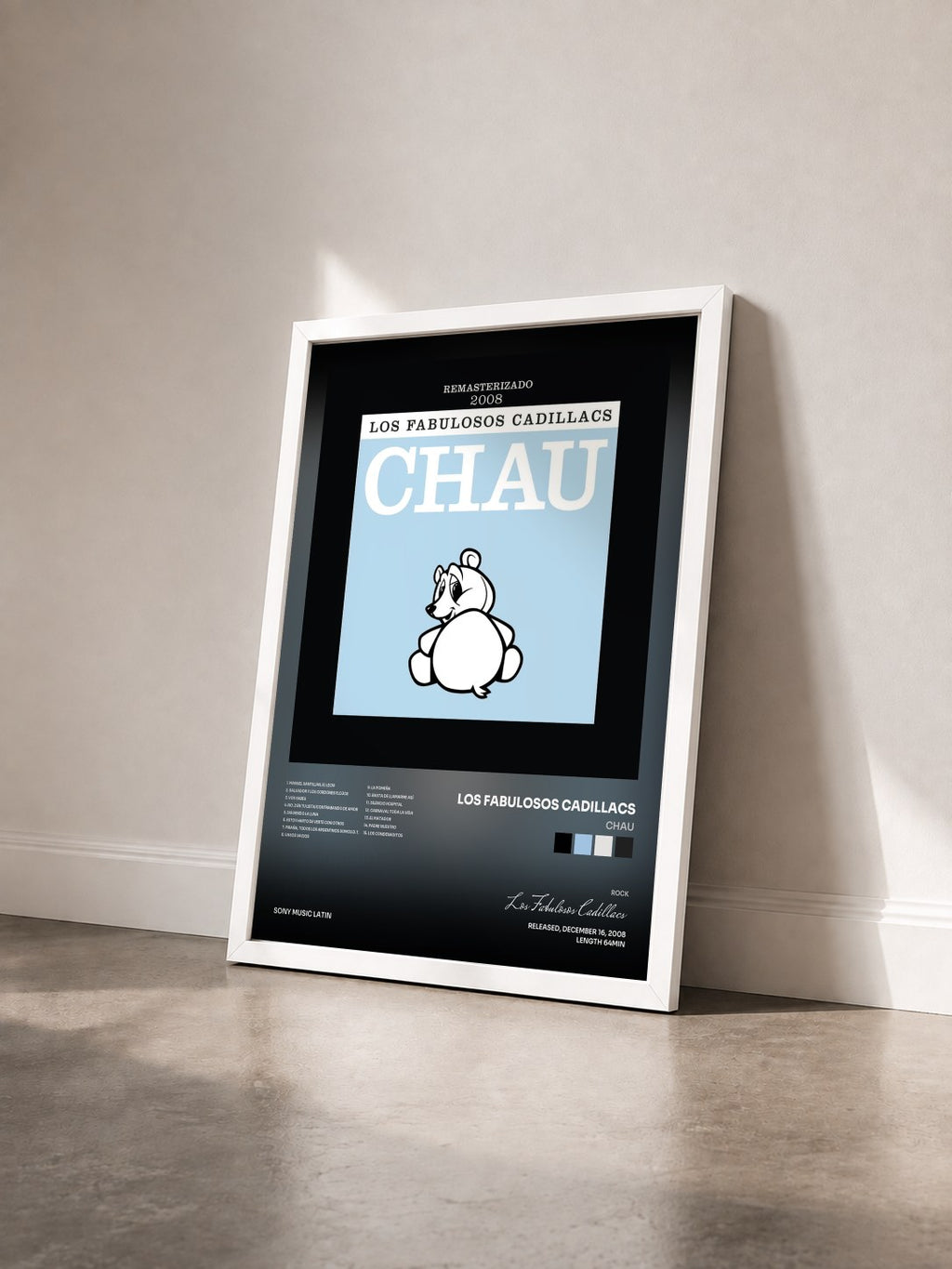 #blanc Tableau de l'album Chau de Los Fabulosos Cadillacs vu de trois quarts, cadre blanc