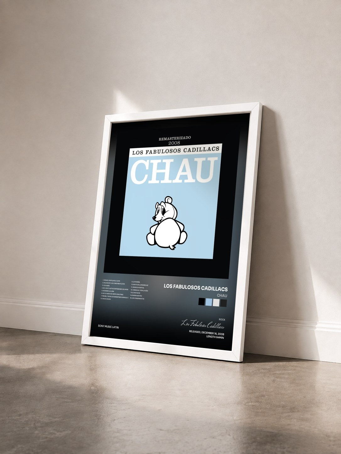 #blanc Tableau de l'album Chau de Los Fabulosos Cadillacs vu de trois quarts, cadre blanc