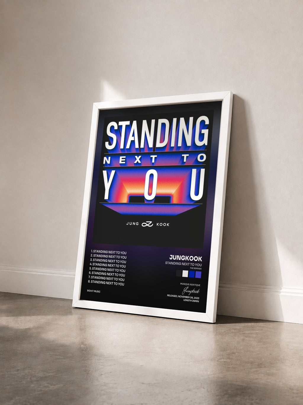 #blanc Tableau de l'album Standing Next to You (The Remixes) de Jungkook vu de trois quarts, cadre blanc