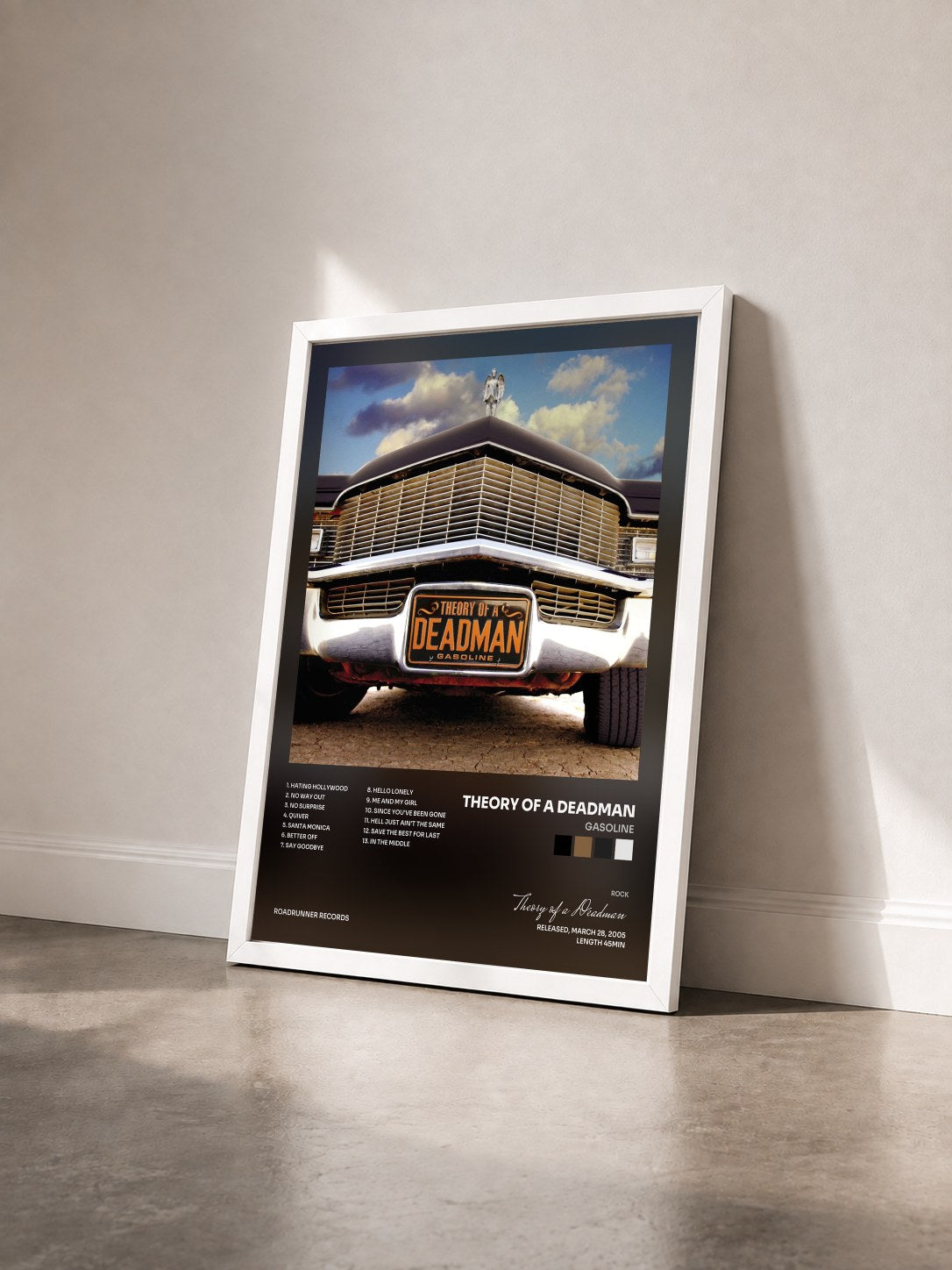 #blanc Tableau de l'album Gasoline de Theory of a Deadman vu de trois quarts, cadre blanc