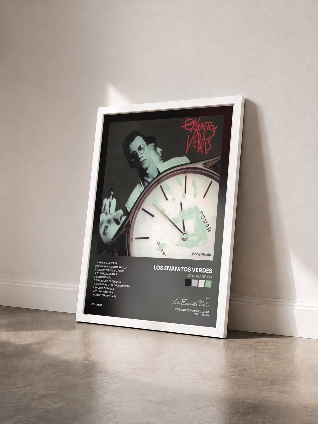 #blanc Tableau de l'album Contrareloj de Los Enanitos Verdes vu de trois quarts, cadre blanc