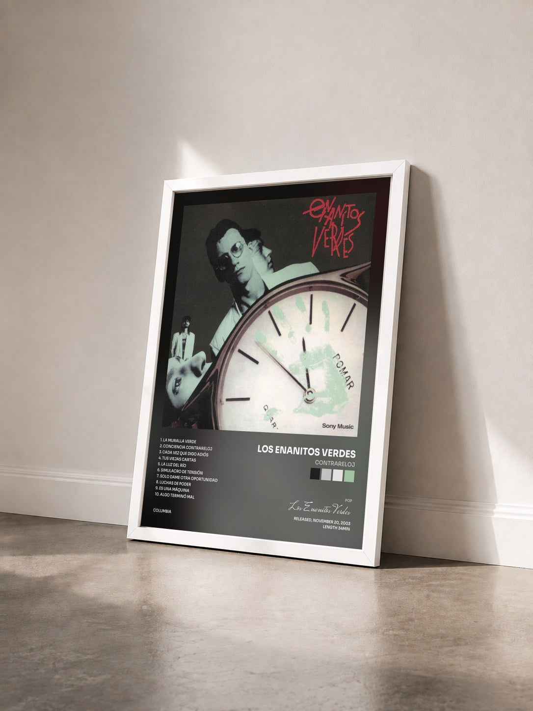 #blanc Tableau de l'album Contrareloj de Los Enanitos Verdes vu de trois quarts, cadre blanc