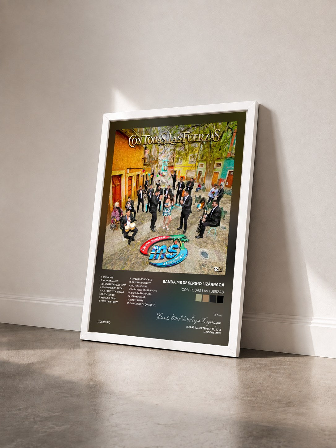 #blanc Tableau de l'album Con Todas Las Fuerzas de Banda MS de Sergio Lizárraga vu de trois quarts, cadre blanc