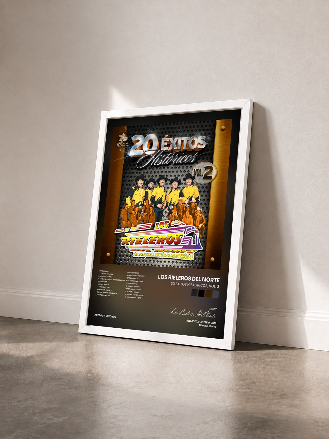 #blanc Tableau de l'album 20 Exitos Historicos, Vol. 2 de Los Rieleros Del Norte vu de trois quarts, cadre blanc