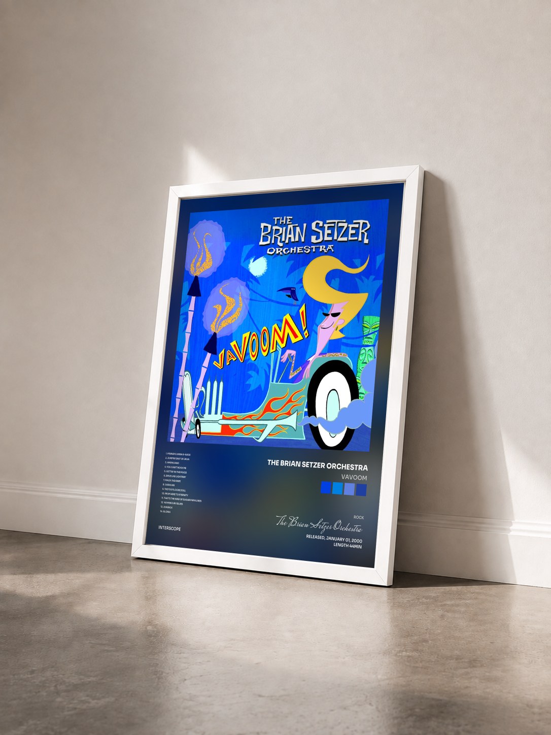 #blanc Tableau de l'album Vavoom de The Brian Setzer Orchestra vu de trois quarts, cadre blanc