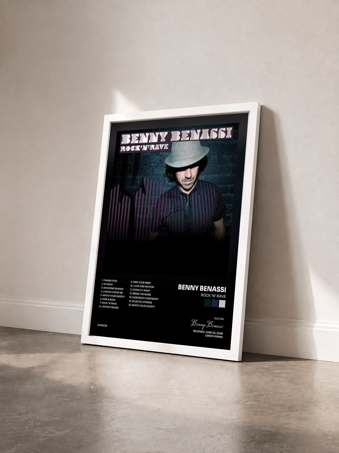 #blanc Tableau de l'album Rock 'N' Rave de Benny Benassi vu de trois quarts, cadre blanc