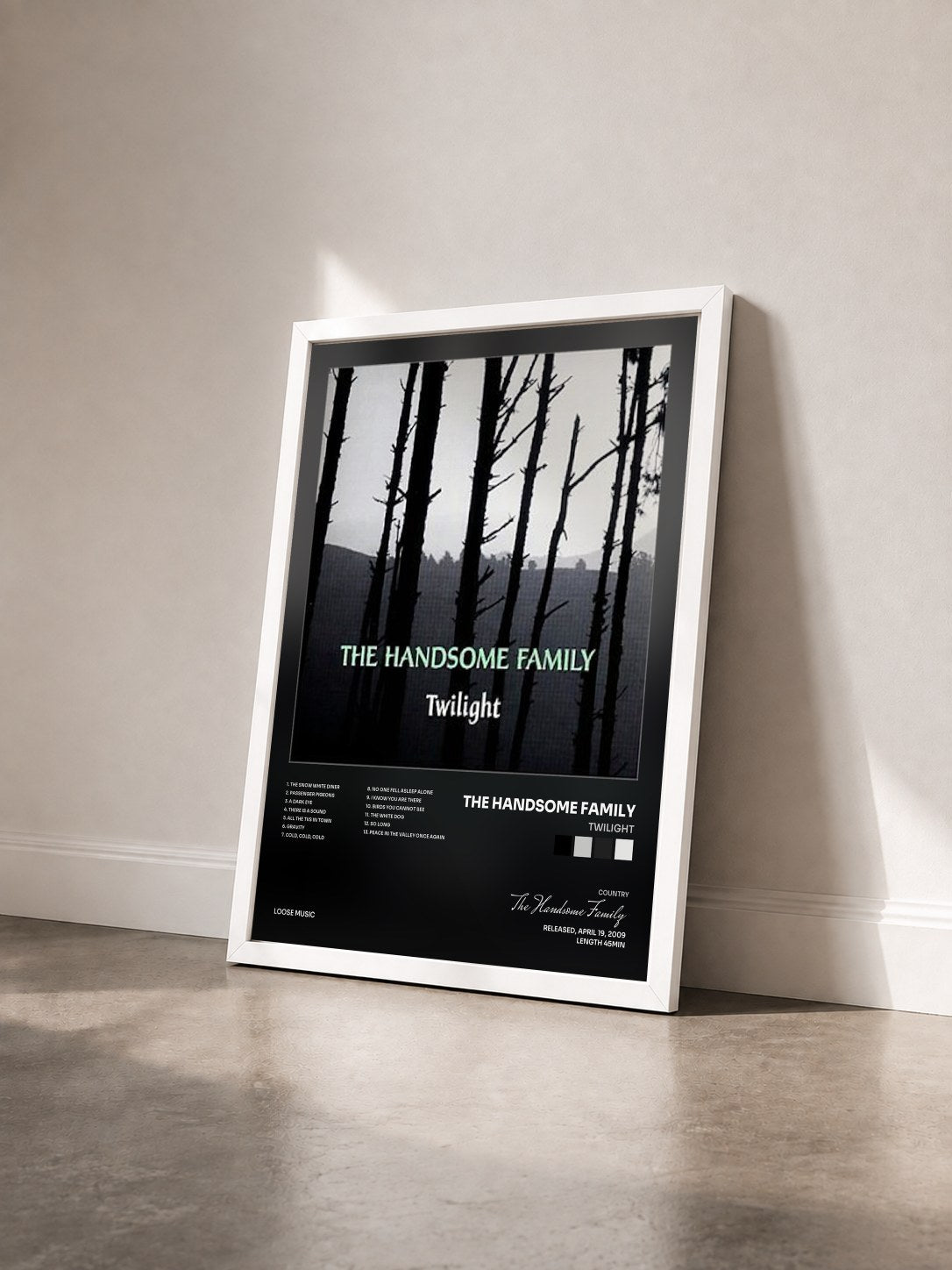 #blanc Tableau de l'album Twilight de The Handsome Family vu de trois quarts, cadre blanc