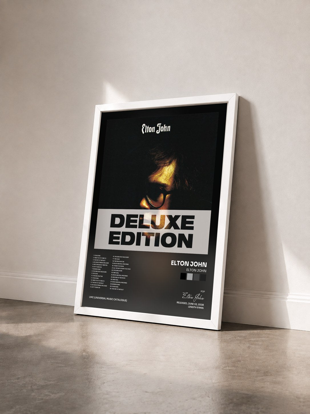 #blanc Tableau de l'album Elton John de Elton John vu de trois quarts, cadre blanc