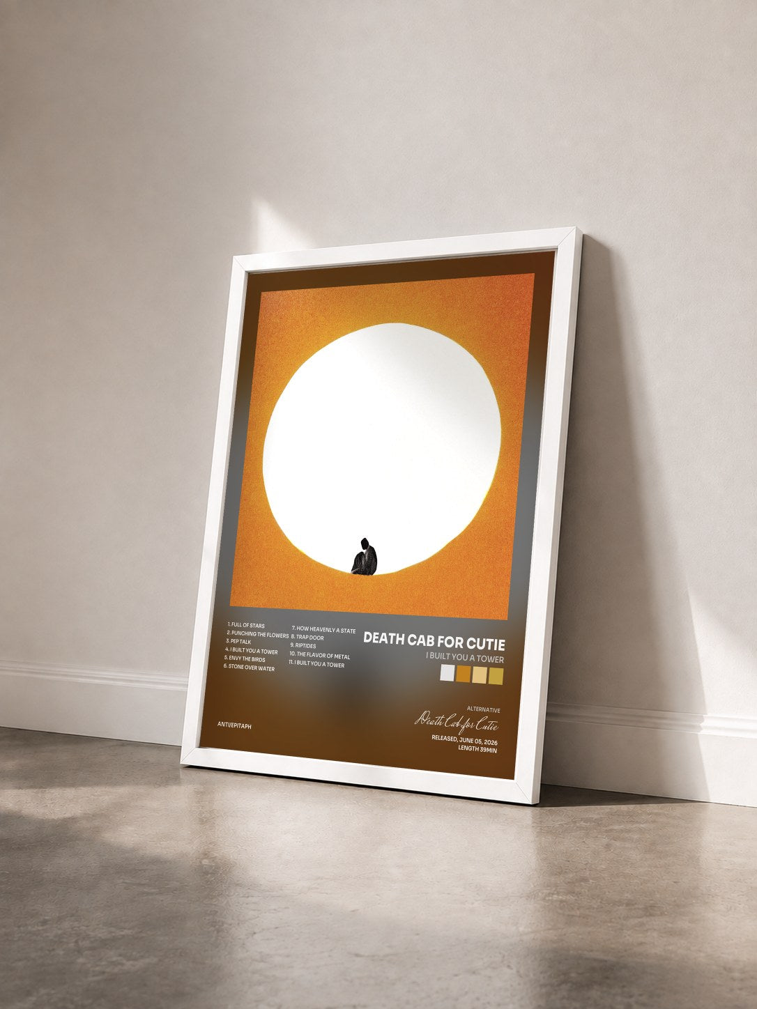 #blanc Tableau de l'album I Built You A Tower de Death Cab for Cutie vu de trois quarts, cadre blanc