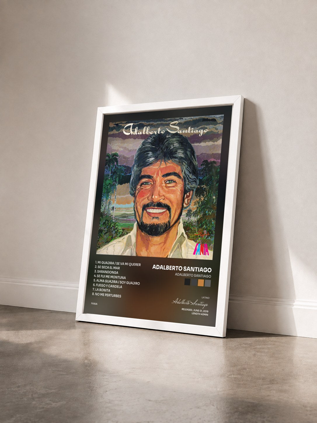 #blanc Tableau de l'album Adalberto Santiago de Adalberto Santiago vu de trois quarts, cadre blanc