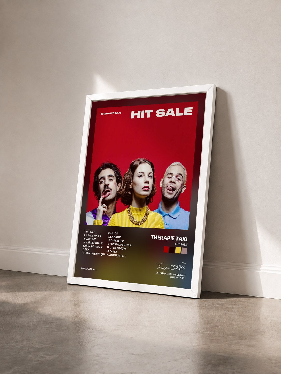 #blanc Tableau de l'album Hit Sale de Therapie TAXI vu de trois quarts, cadre blanc