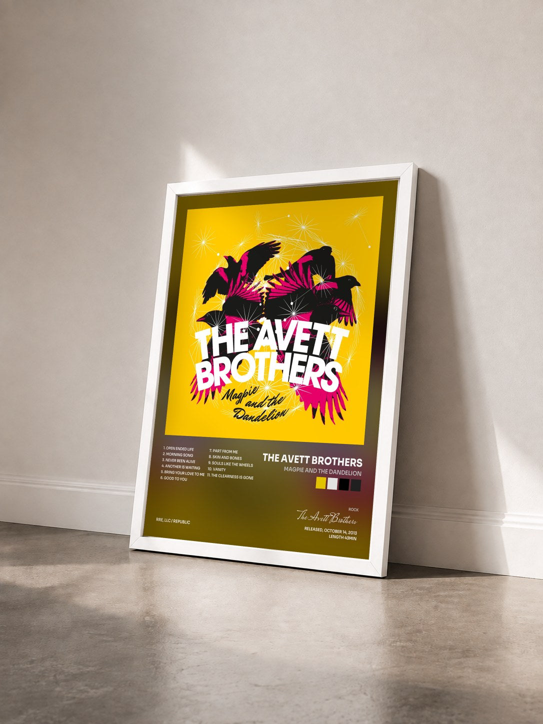 #blanc Tableau de l'album Magpie And The Dandelion de The Avett Brothers vu de trois quarts, cadre blanc