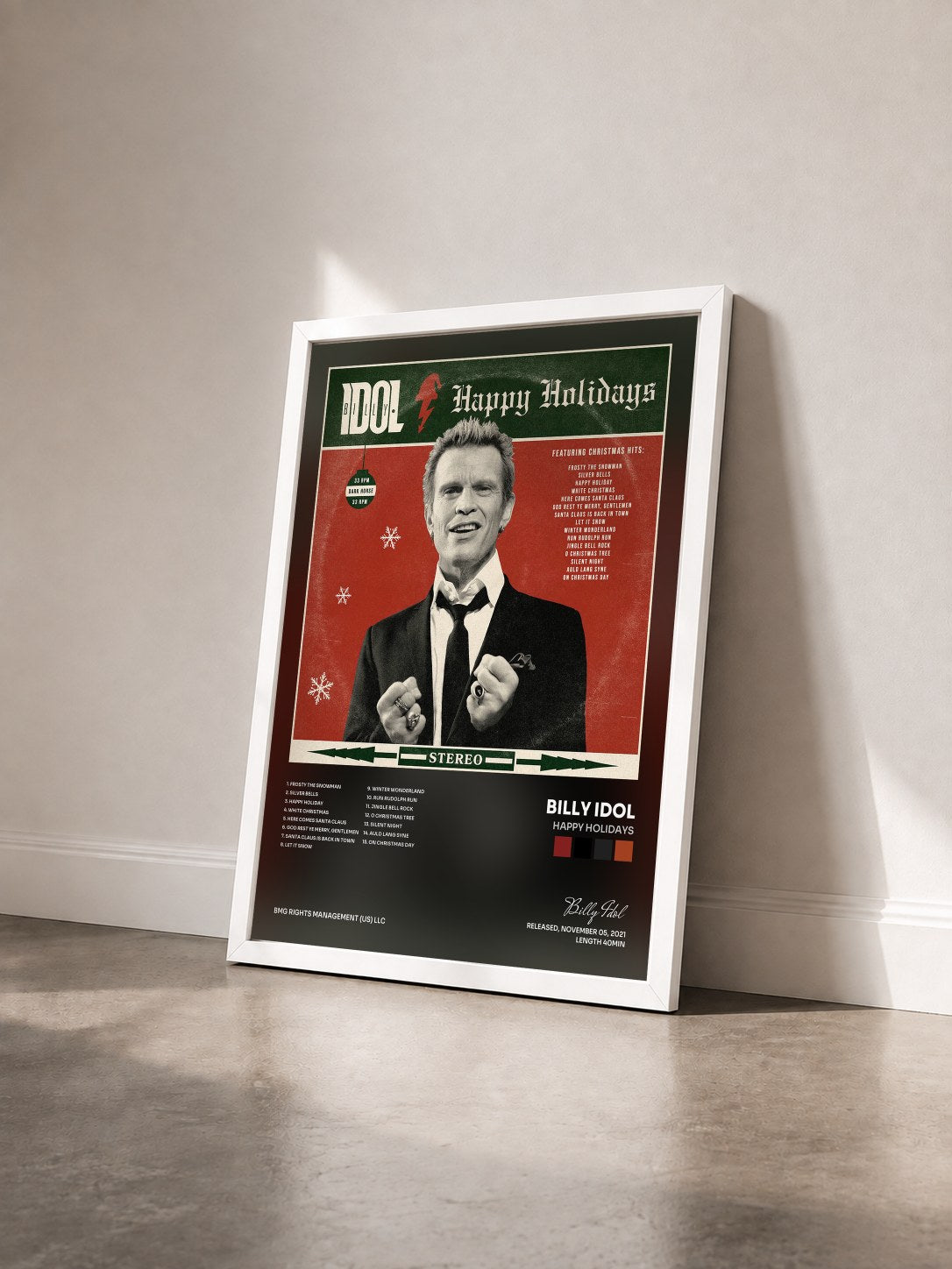 #blanc Tableau de l'album Happy Holidays de Billy Idol vu de trois quarts, cadre blanc