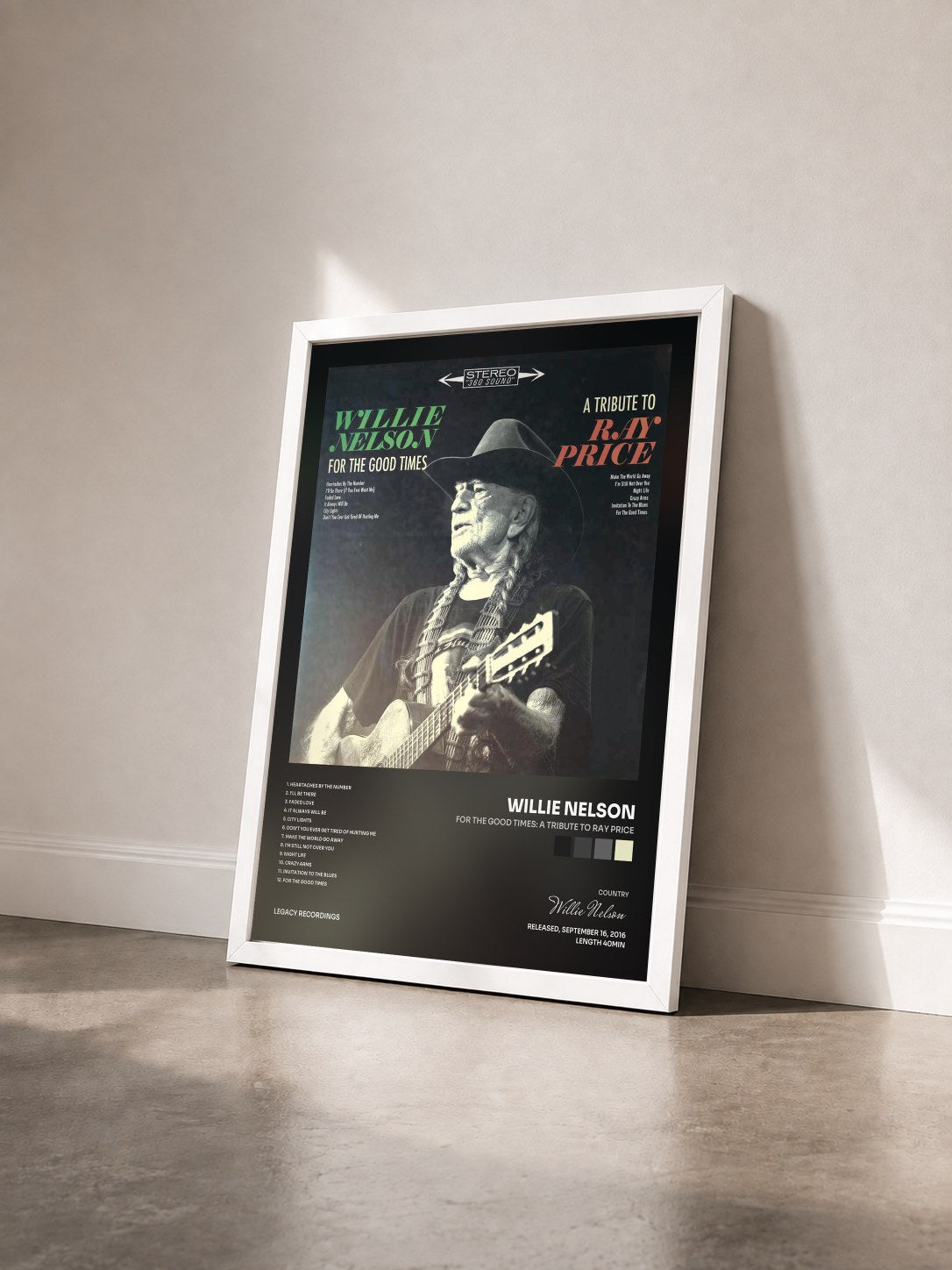 #blanc Tableau de l'album For the Good Times: A Tribute to Ray Price de Willie Nelson vu de trois quarts, cadre blanc