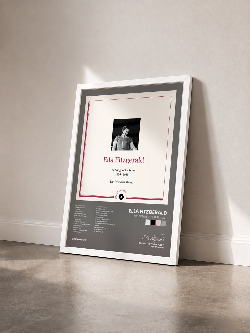 #blanc Tableau de l'album The Songbook 1956-1959 de Ella Fitzgerald vu de trois quarts, cadre blanc