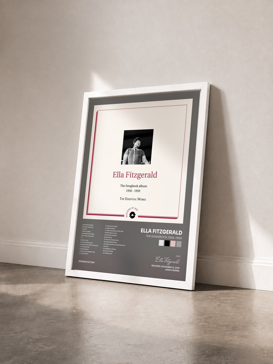 #blanc Tableau de l'album The Songbook 1956-1959 de Ella Fitzgerald vu de trois quarts, cadre blanc