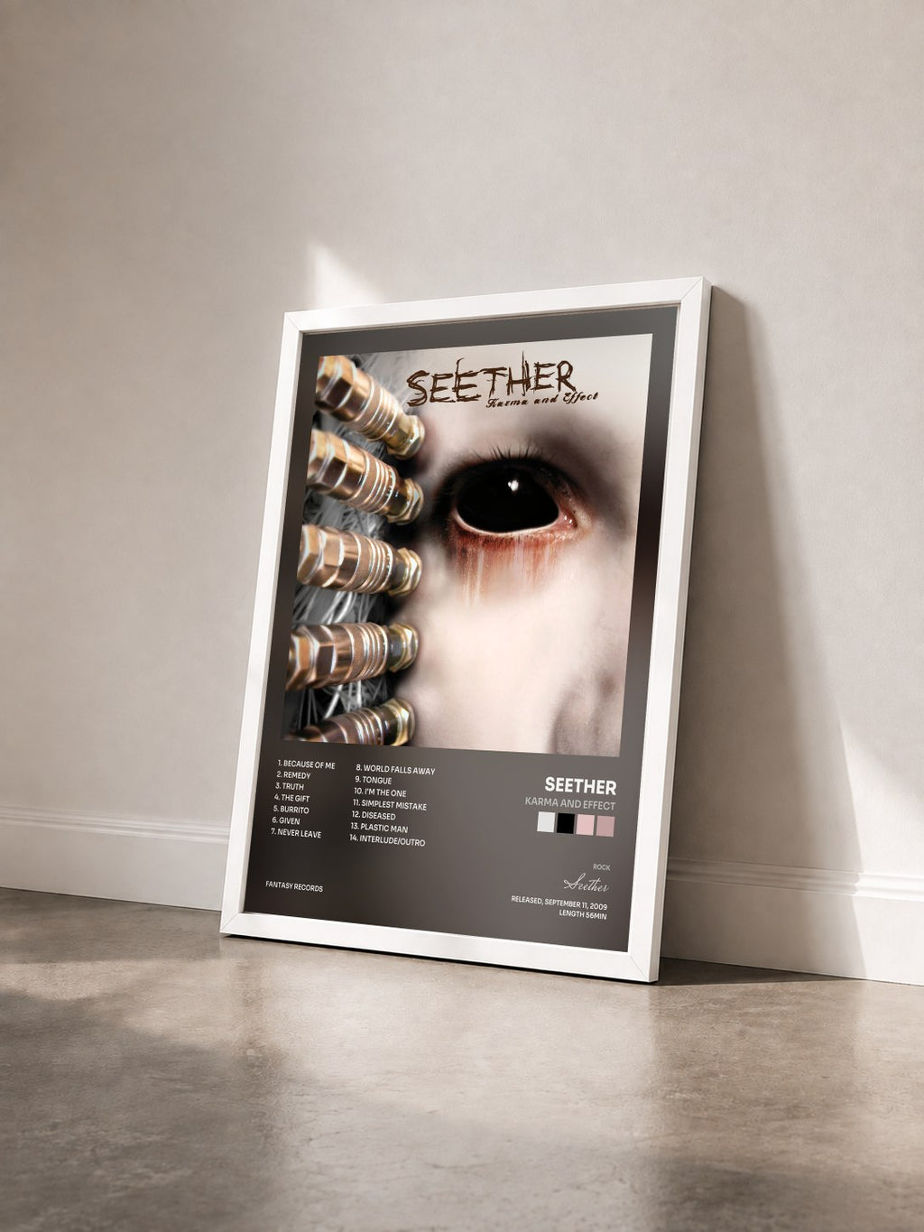 #blanc Karma and Effect von Seether als gerahmter Kunstdruck von schräg gesehen, weißer Rahmen