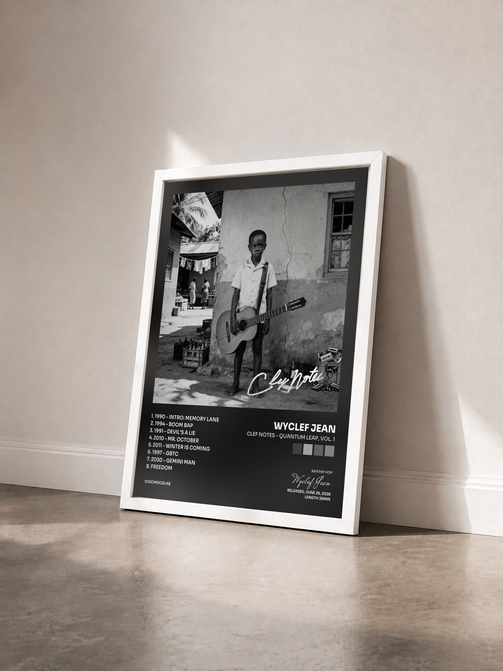 #blanc Clef Notes - Quantum Leap, Vol. 1 di Wyclef Jean in stampa incorniciata vista di tre quarti, cornice bianca