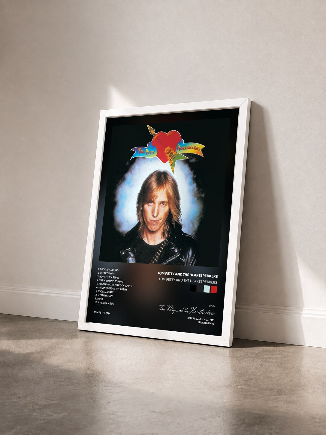 #blanc Tableau de l'album Tom Petty And The Heartbreakers de Tom Petty and the Heartbreakers vu de trois quarts, cadre blanc
