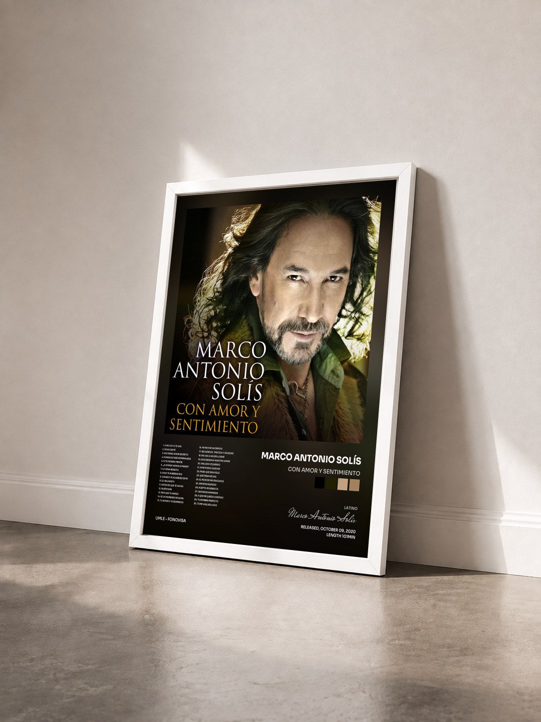 #blanc Tableau de l'album Con Amor Y Sentimiento de Marco Antonio Solís vu de trois quarts, cadre blanc