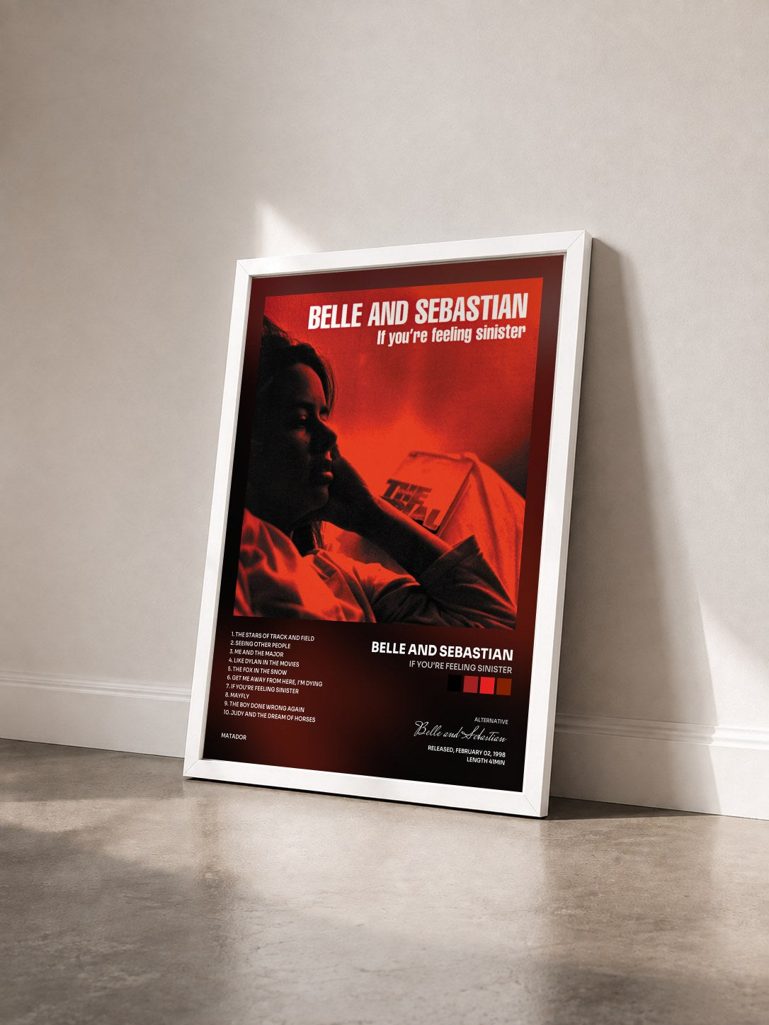 #blanc Tableau de l'album If You're Feeling Sinister de Belle and Sebastian vu de trois quarts, cadre blanc