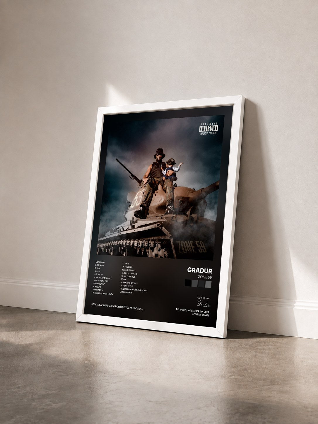 #blanc Tableau de l'album Zone 59 de Gradur vu de trois quarts, cadre blanc